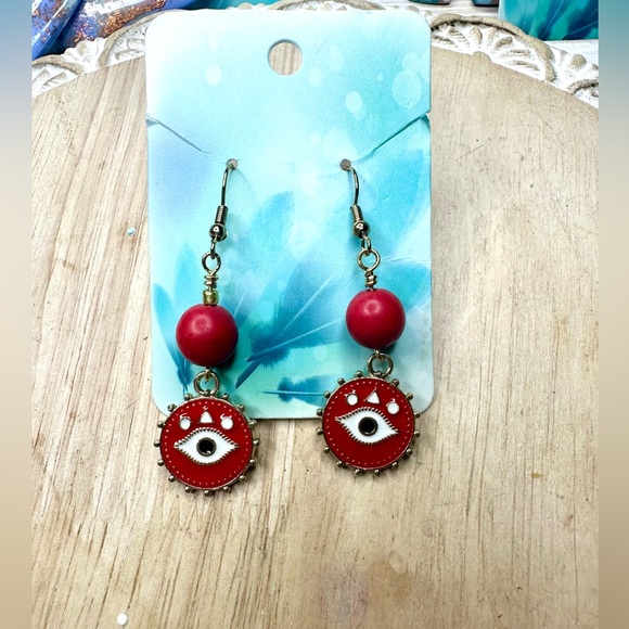 Red and Gold hand crafted evil eye earrings - Picture 1 of 4